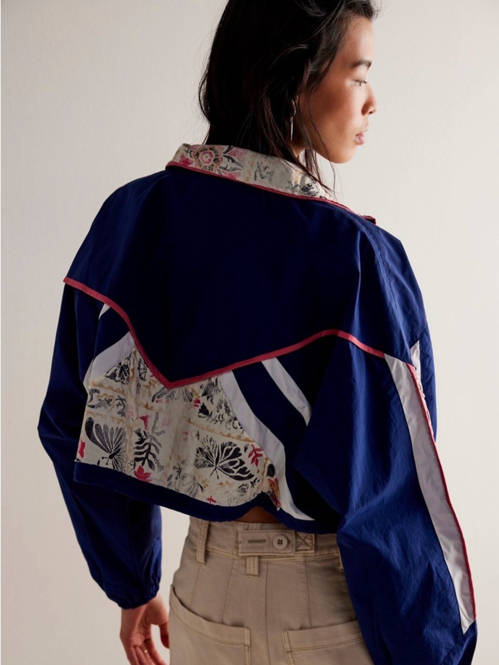 We The Free Navy Floral-Panel Cropped Bomber Jacket - Picture 3 of 12